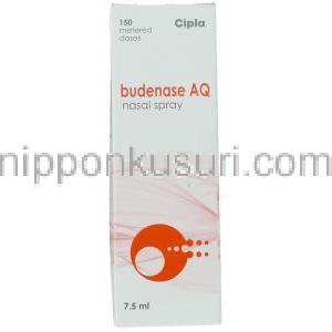 水溶性ブテソニド,  Budenase AQ, 150 mdi 100マイクログラム   点鼻液噴霧用 (Cipla) 箱