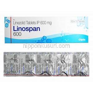 リネゾリド (ザイボックス ジェネリック),  リノスパン LINOSPAN  600mg 錠 (Cipla) 箱、錠剤