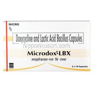 マイクロドックス LBX,  ドキシサイクリン100mg / 乳酸菌 50億個, カプセル, 箱表面