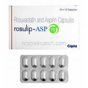 ロスリップ ASP (ロスバスタチン 10mg/ アスピリン 75mg) 箱、カプセル