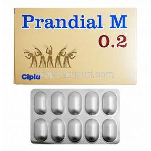 プランディアル M (メトホルミン/ ボグリボース 0.2mg) 箱、錠剤