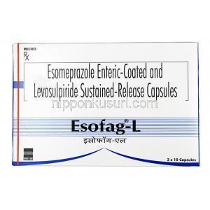 エソファグ L,  レボスルピリド 75mg / エソメプラゾール  40mg, カプセル, 箱表面