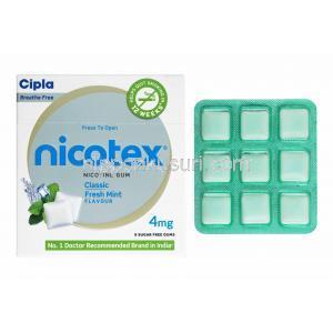 ニコテックス ガム, ニコチン 4 mg, 12 個入りガム, 製造元：Cipla, 箱表面