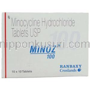 ミノサイクリン塩酸塩（ミノシンジェネリック）, Minoz, 100mg 錠 (Ranbaxy) 箱