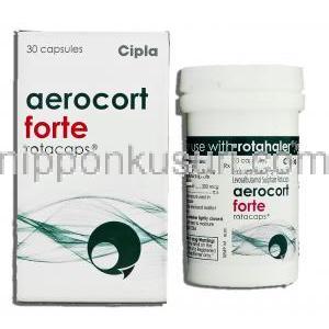 エアロコート・フォルテAerocort Forte, プロピオン酸ベクロメタゾン / サルブタモール 100mcg/ 200mcg  箱、吸入カプセルボトル