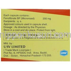 フェノフィブラート  (トライコア/ リピディル ジェネリック), Lipicard, 200mg カプセル (USV) 製造者