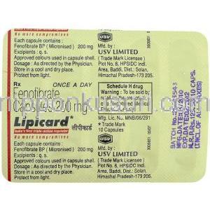 フェノフィブラート  (トライコア/ リピディル ジェネリック), Lipicard, 200mg カプセル (USV) 包装裏面