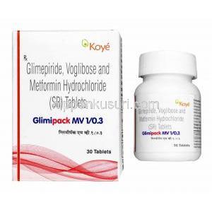 グリミパック MV (グリメピリド 1mg/ メトホルミン 500mg/ ボグリボース 0.3mg) 箱、錠剤
