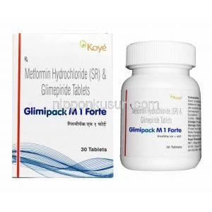 グリミパック M フォルテ (グリメピリド 1mg/ メトホルミン 1000mg) 箱、錠剤ボトル