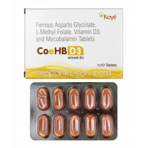 コエHB D3 (鉄/ L-メチルフォレート/ ビタミンD3/ メチルコバラミン) 箱、錠剤