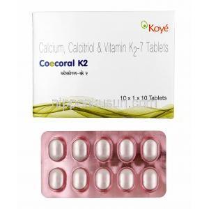 コエコーラル K2 (カルシウム/ ビタミンD3/ ビタミンK2-7) 箱、錠剤