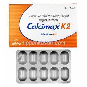 カルシマックス K2 (ビタミンK2-7/ カルシウム/ カルシトリオール/ 亜鉛/ マグネシウム) 箱、錠剤