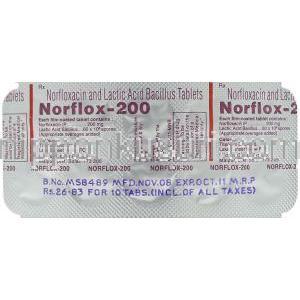 ノルフロックス Norflox. ノルフロキサシン 200mg 錠  （Okasa） 包装裏面