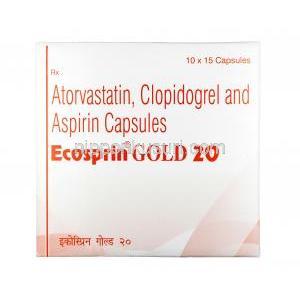 エコスピリン ゴールド,　アスピリン 75 mg  / アトルバスタチン 20mg / クロピドグレル75 mg, カプセル, 箱表面
