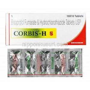 コルビス H (ビソプロロール/ ヒドロクロロチアジド) 箱、錠剤