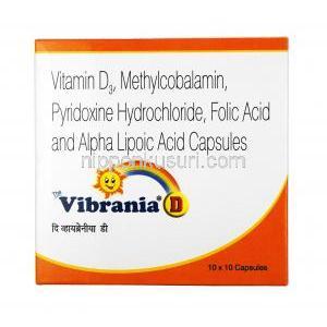 ヴィブラニア D, メチルコバラミン (メコバラビン), ピリドキシン(ビタミンB6), ビタミンD3, 葉酸, カプセル, 箱表面