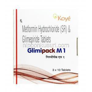 グリミパック M, グリメピリド 1mg / メトホルミン 500mg, 錠剤, 箱表面