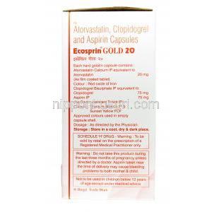 エコスピリン ゴールド,　アスピリン 75 mg  / アトルバスタチン 20mg / クロピドグレル75 mg, カプセル, 箱情報