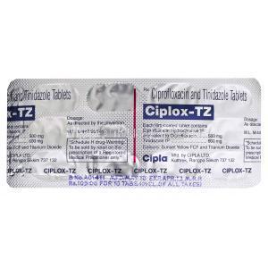 シプロフロキサシン / チニダゾール配合 (Dycip TZ ジェネリック), Ciplox-TZ, 500mg  600MG 錠 (Cipla) 包装裏面