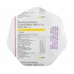 ベルチン OD, ベタヒスチン　24mg, 製造元：アボット,錠剤裏面