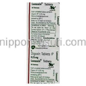 ラノキシン Lanoxin, ジゴキシン 0.25mg 錠 (GSK) 包装