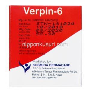 バーピン 6, イベルメクチン, 錠剤 6mg,4錠, 箱側面情報