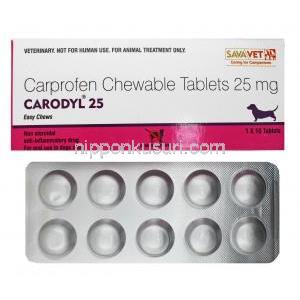 カプロフェン, カロディル Carodyl, 25mg チュアブル錠 (Sava Medicare) 箱、錠剤