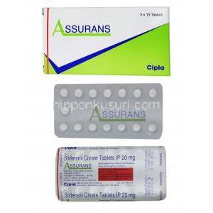 シルデナフィル （レバチオジェネリック）, アシュランス Assurans 20mg 錠 (Cipla)  箱, シート表面, シート情報