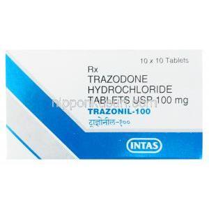 トラゾニル, トラゾドン 100mg, 錠剤, 箱表面, 製造元：Intas
