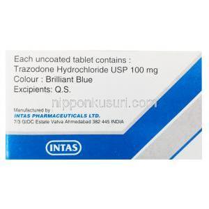 トラゾニル, トラゾドン 100mg, 錠剤, 箱裏面, 製造元：Intas