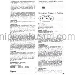 オルメサルタンメドキソミル (オルメテックジェネリック), Olmecip, 20mg 錠 (Cipla) 情報シート1