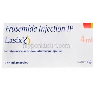 ラシックス, フロセミド注射, 10本入り, 10mg/4ml, 製造元：サノフィ, 箱表面