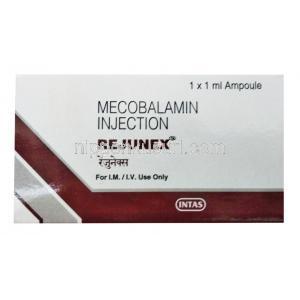 レジュネックス注射, メチルコバラミン(メコバラミン), 1ml あたり500mcg, 1ml,  製造元：インタスファーマ, 箱表面