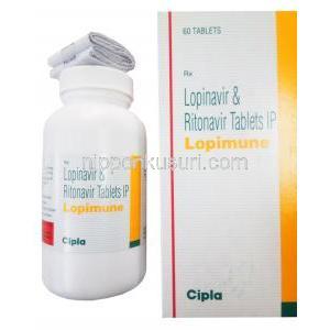 ロピミューン, リトナビル 50mg / ロピナビル 200mg, 製造元：Cipla, 60錠, 箱, ボトル表面