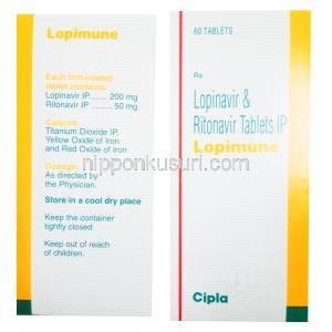 ロピミューン, リトナビル 50mg　/ ロピナビル 200mg, 製造元：Cipla, 60錠, 箱裏面情報