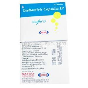 ナトフル 75, リン酸オセルタミビル, 製造元: Natco, 箱表面, 箱裏面