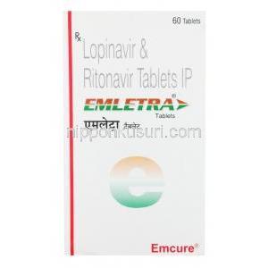エムレトラ, リトナビル 50mg/ ロピナビル 200mg, 製造元：Emcure Pharma, 箱表面