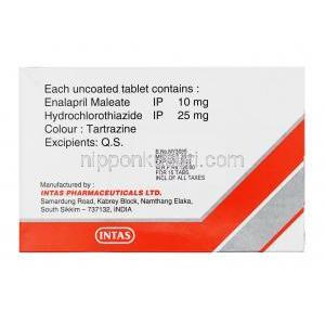 マイレン酸エナラプリル / ヒドロクロロチアジド配合 (Generic Vaseretic), Enapril-HT, 10mg/ 25mg 錠 (Intas) 成分