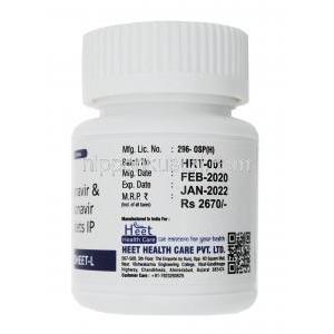 リトヒート L Retoheet-L, カレトラ ジェネリック, ロピナビル・リトナビル 配合 錠 (Heet Healthcare) ボトル側面、製造元