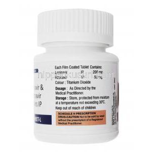 リトヒート L Retoheet-L, カレトラ ジェネリック, ロピナビル・リトナビル 配合 錠 (Heet Healthcare) ボトル側面、成分