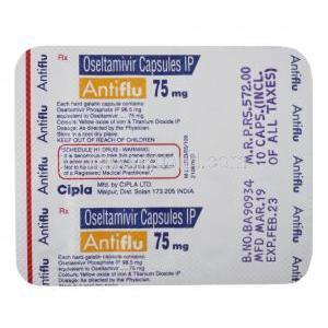 アンチフル, リン酸オセルタミビル (タミフル ジェネリック) 75mg (Cipla) カプセル裏面