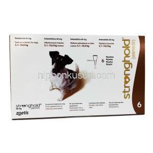 ストロングホールド犬用, セラメクチン,  60 mg 0.5ml x 6 ピペット 小型犬用 (体重 5.1～10 kg), 箱表面