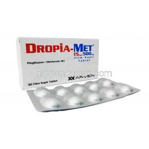 ドロピアメット (ピオグリタゾン 15 mg/ メトホルミン 500 mg) 箱、錠剤