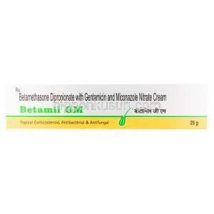 Betamil GM Cream, Betamethasone/ Gentamicin/ Miconazole, Betamethasone (0.05%w/w) + Gentamicin (0.1%w/w) + Miconazole (2%w/w), box front presentation