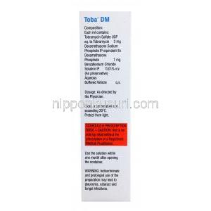 Toba DM Eye Drops, Dexamethasone 0.1%/ Tobramycin 0.3% 10ml, Sun Pharma box side presenatation