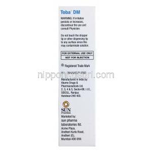 Toba DM Eye Drops, Dexamethasone 0.1%/ Tobramycin 0.3% 10ml, Sun Pharma box back presentation