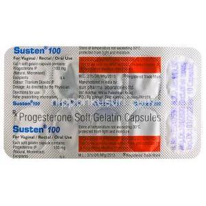サステン 100, 微粉化天然プロゲステロン 100mg, ソフトゼラチンカプセル,製造元：Sun Pharmaceutical Industries,箱表面
