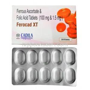 フェロカド XT (アスコルビン酸第一鉄/ 葉酸) 箱、錠剤
