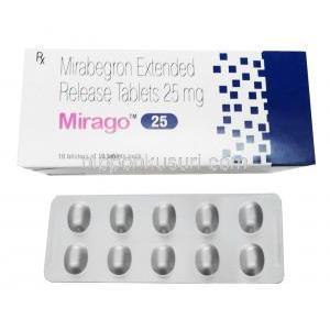 ミラーゴ 50, ミラベグロン 50 mg, 製造元：Sun Pharma, 箱表面