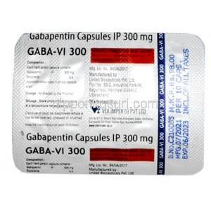 ガバ VI  300, ガバペンチン300mg, カプセル, 製造元：VEA Impex, シート裏面情報